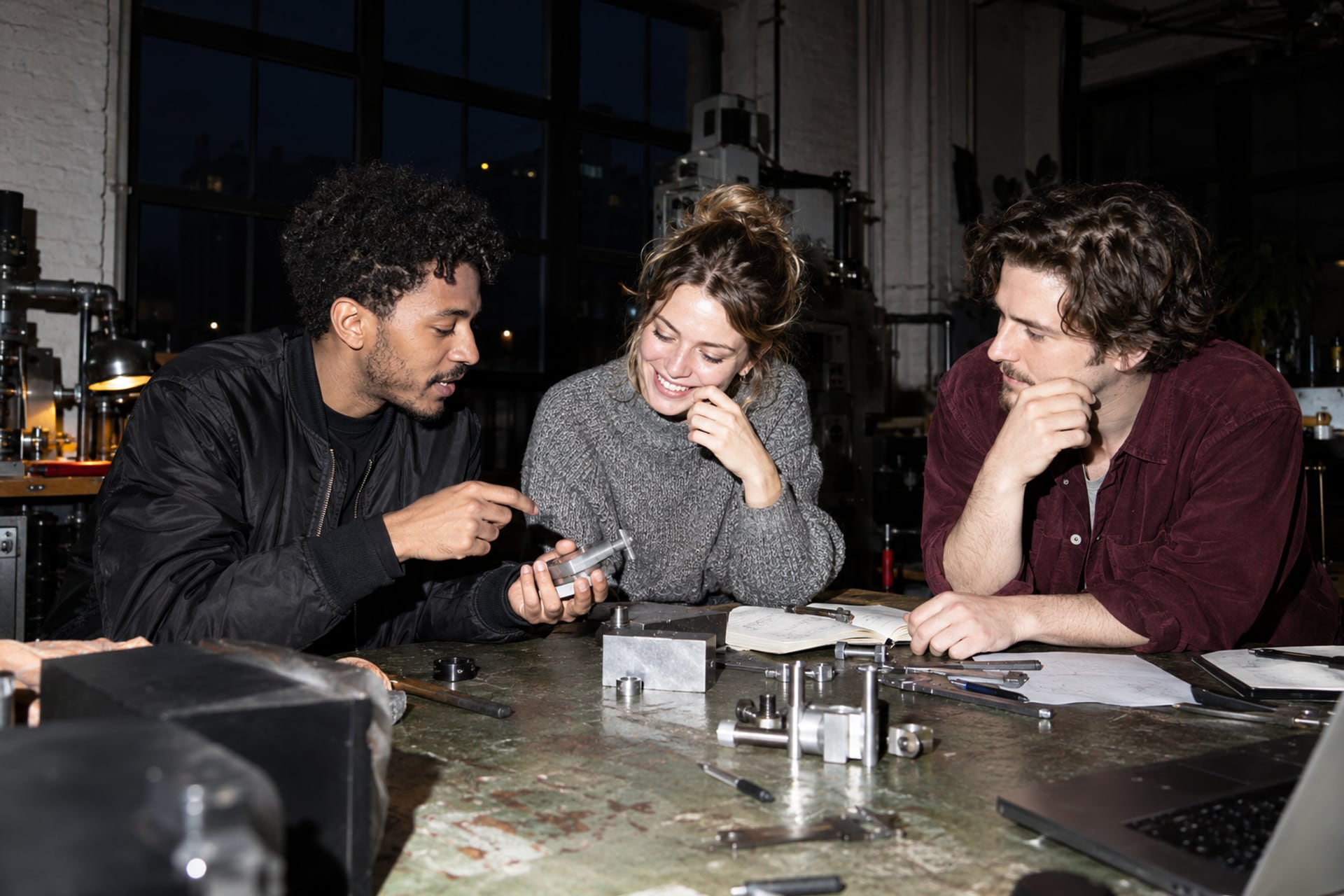 Builders compare a small prototype at a Berlin workshop after dark.