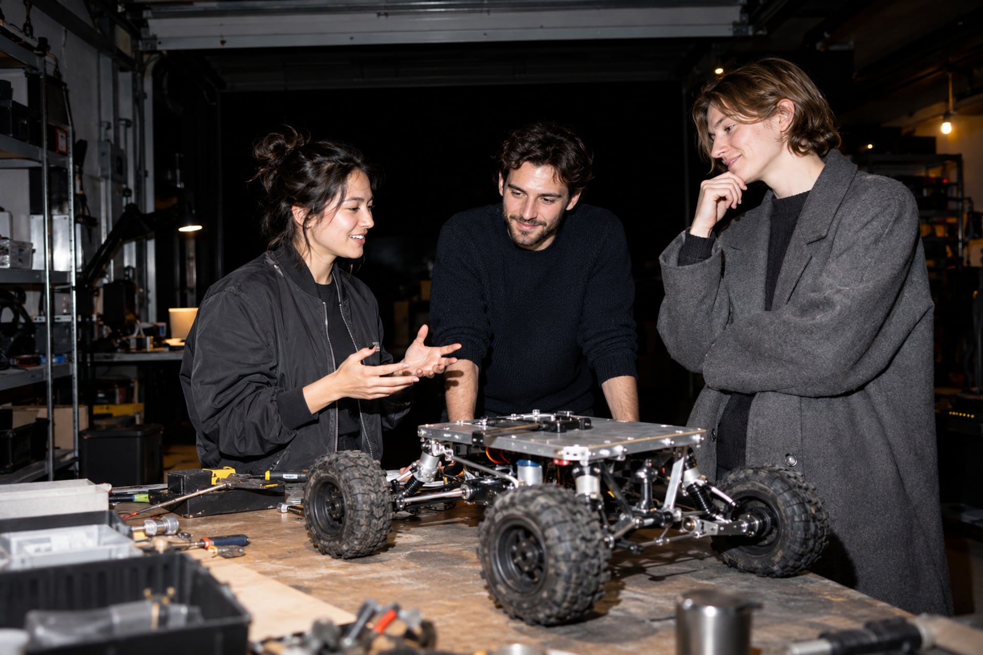 Engineers discuss a wheeled prototype at a Palo Alto garage-lab demo night.