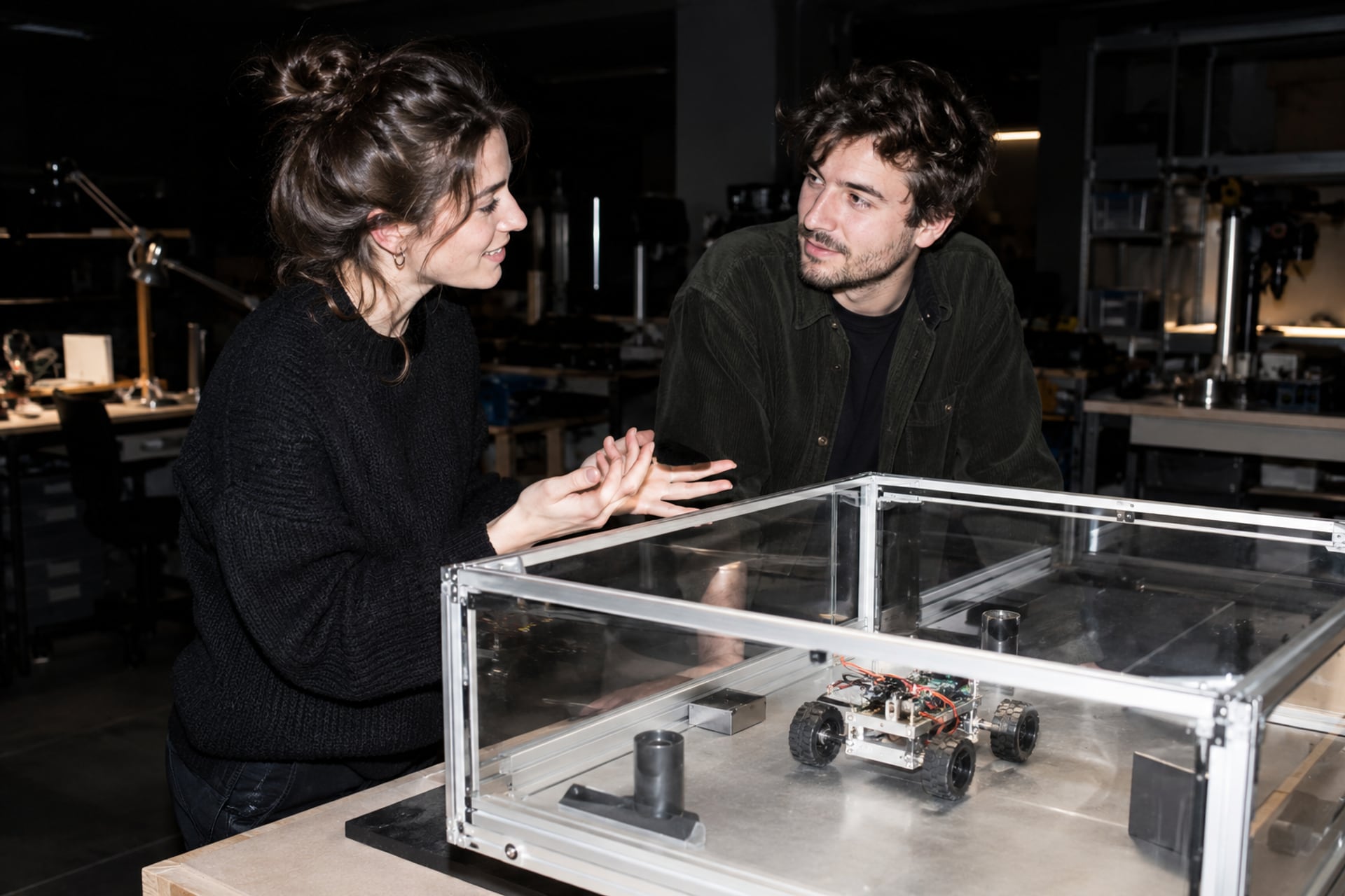 Two engineers discuss a clear test enclosure in a Berlin workshop after dark.
