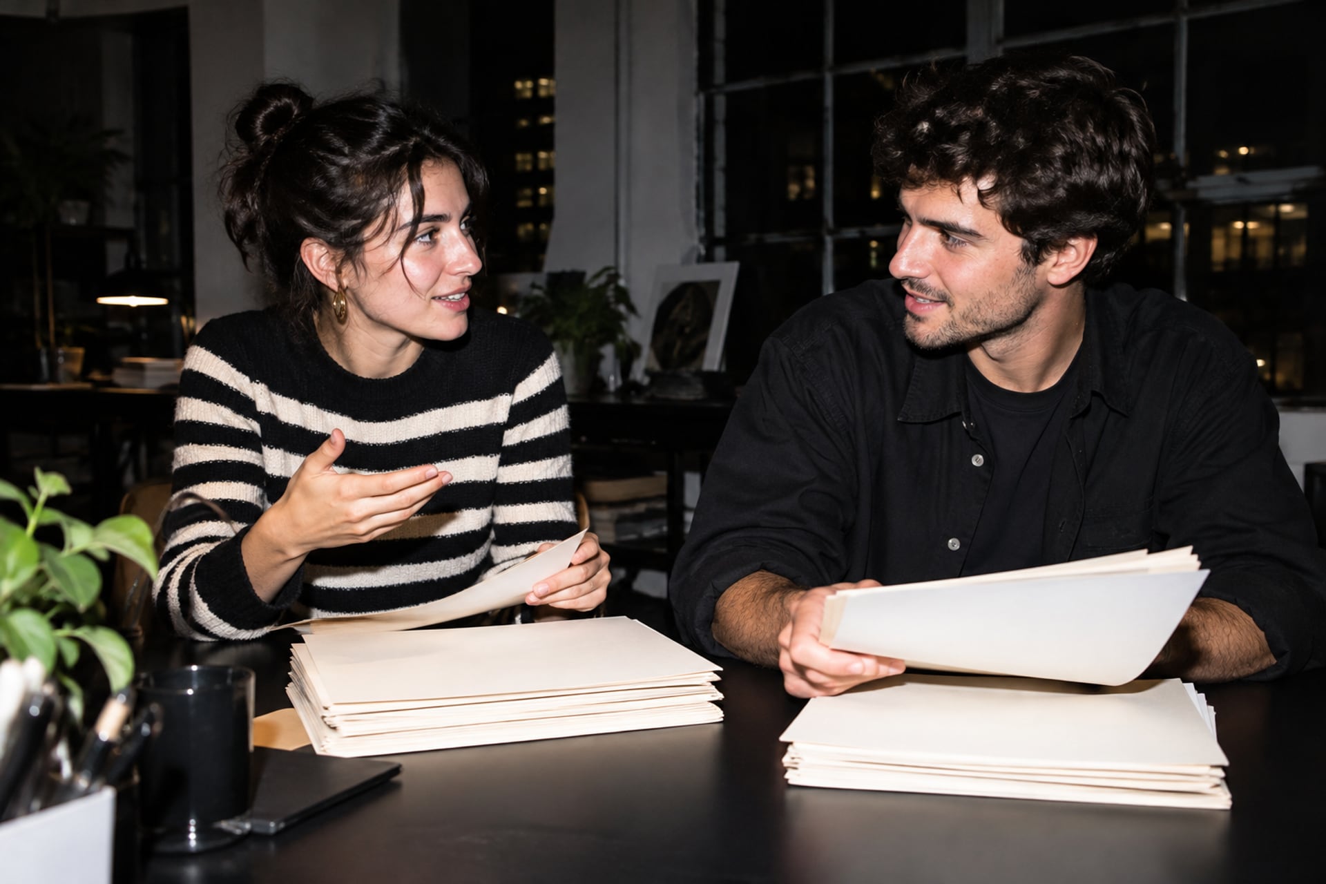 Two analysts compare folders at a desk in a London studio after dark.