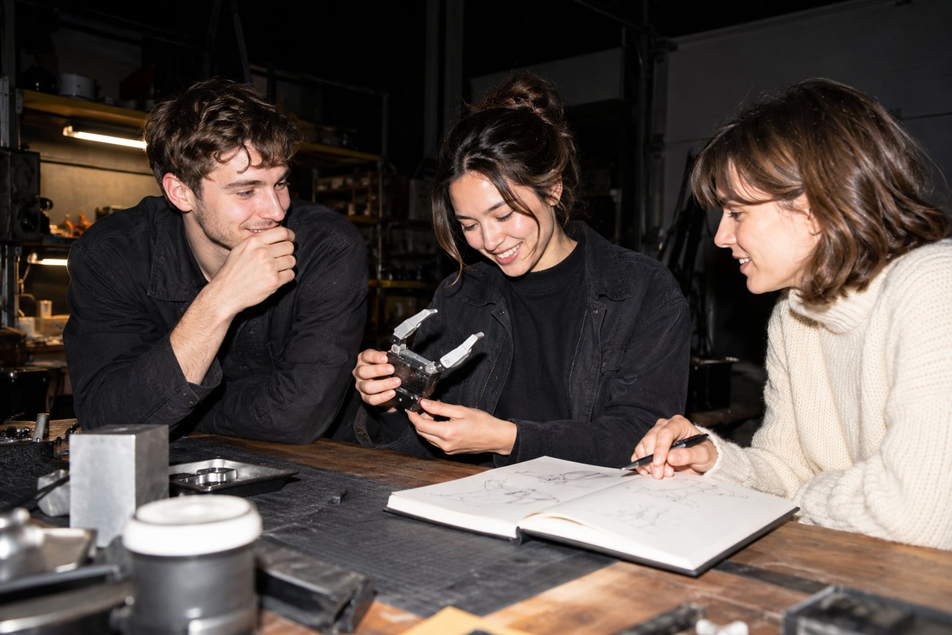Researchers discuss a small gripper in a San Francisco workshop after dark.