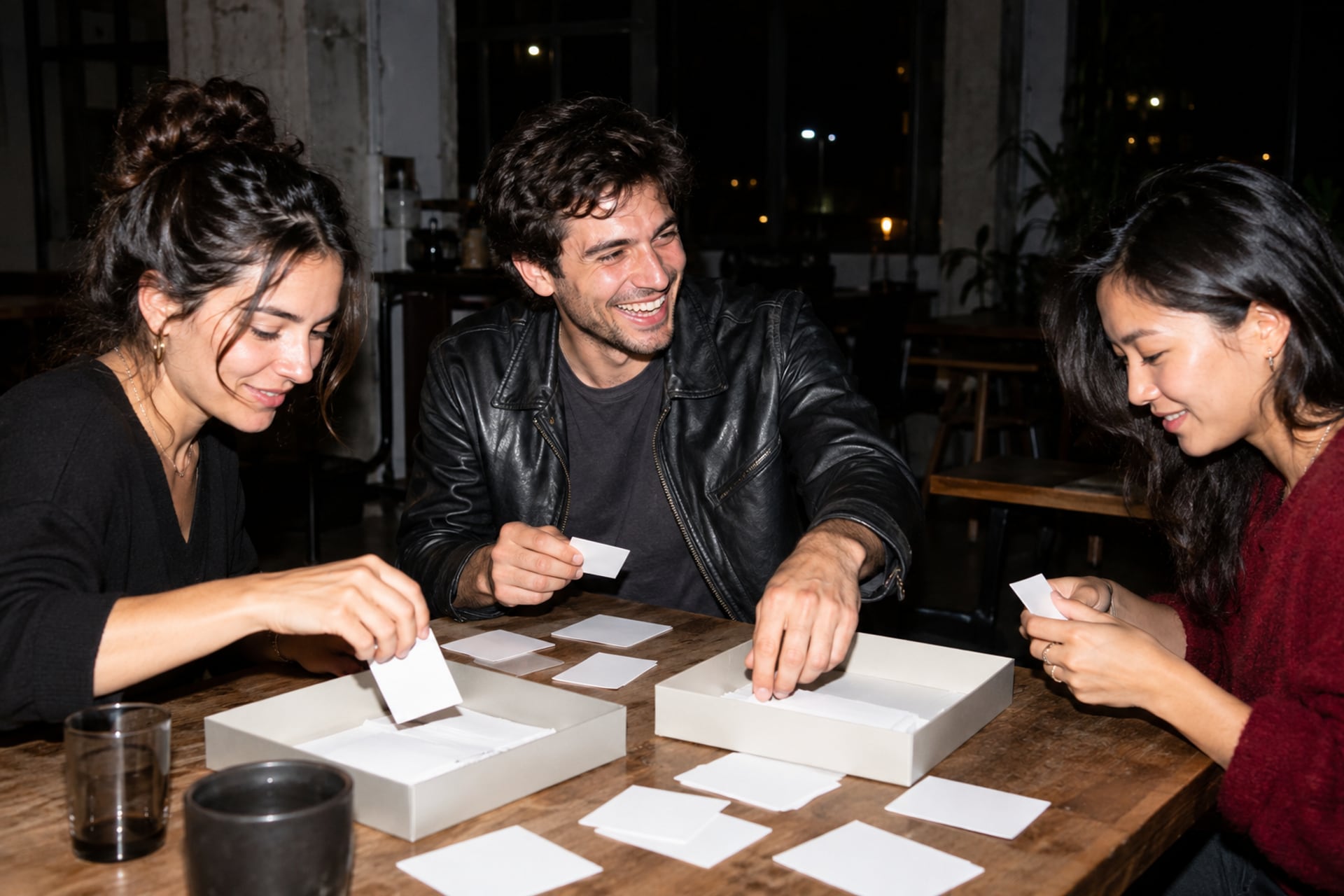 Three founders sort blank cards at a Berlin cafe table after dark.