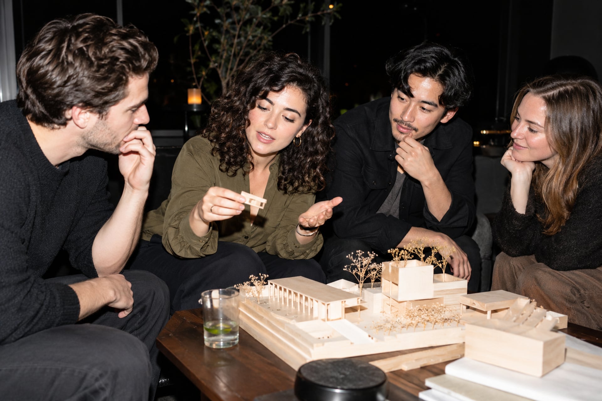 Founders discuss a wooden model in a San Francisco lounge after dark.
