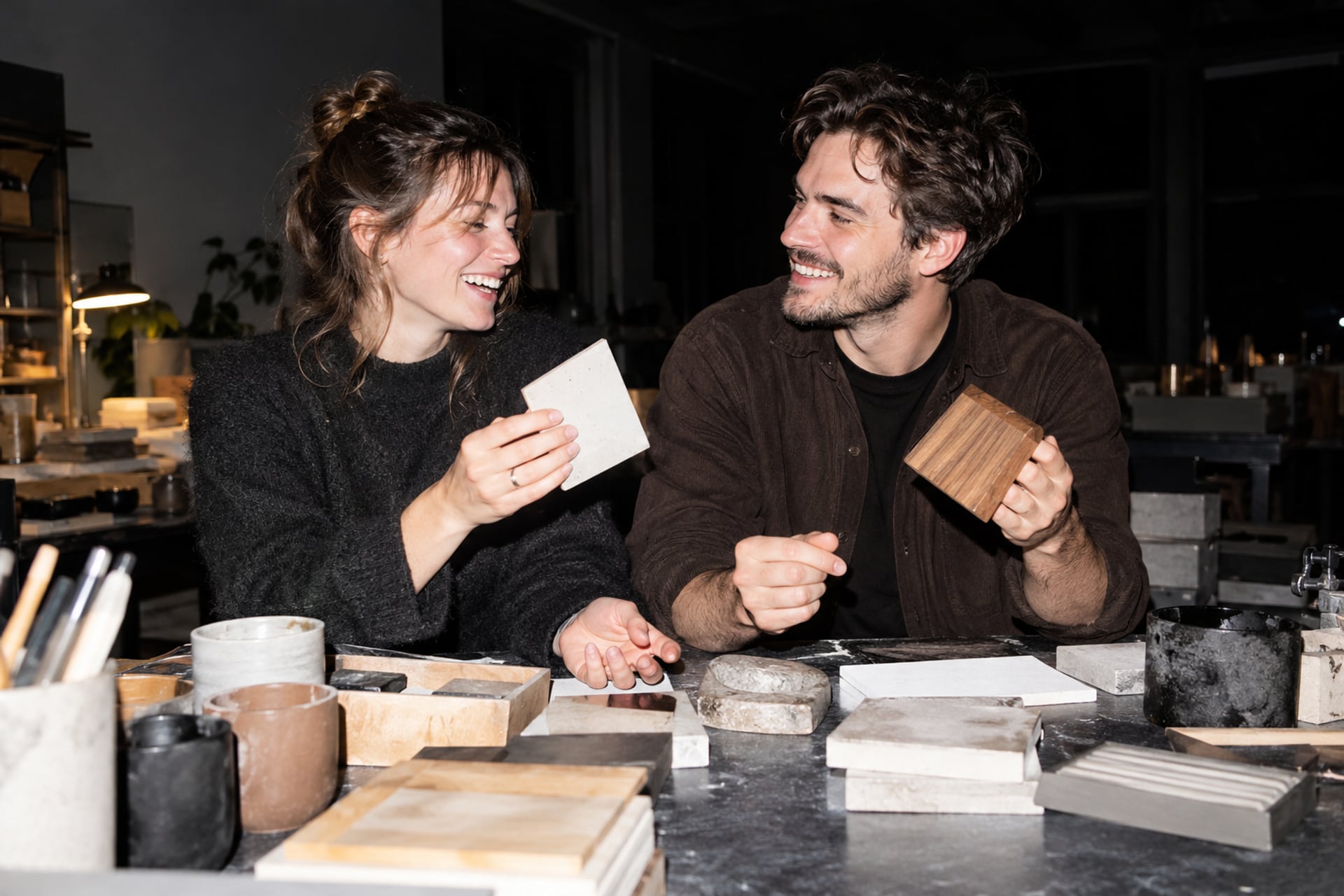 Two makers compare material samples in a Stockholm workshop after dark.