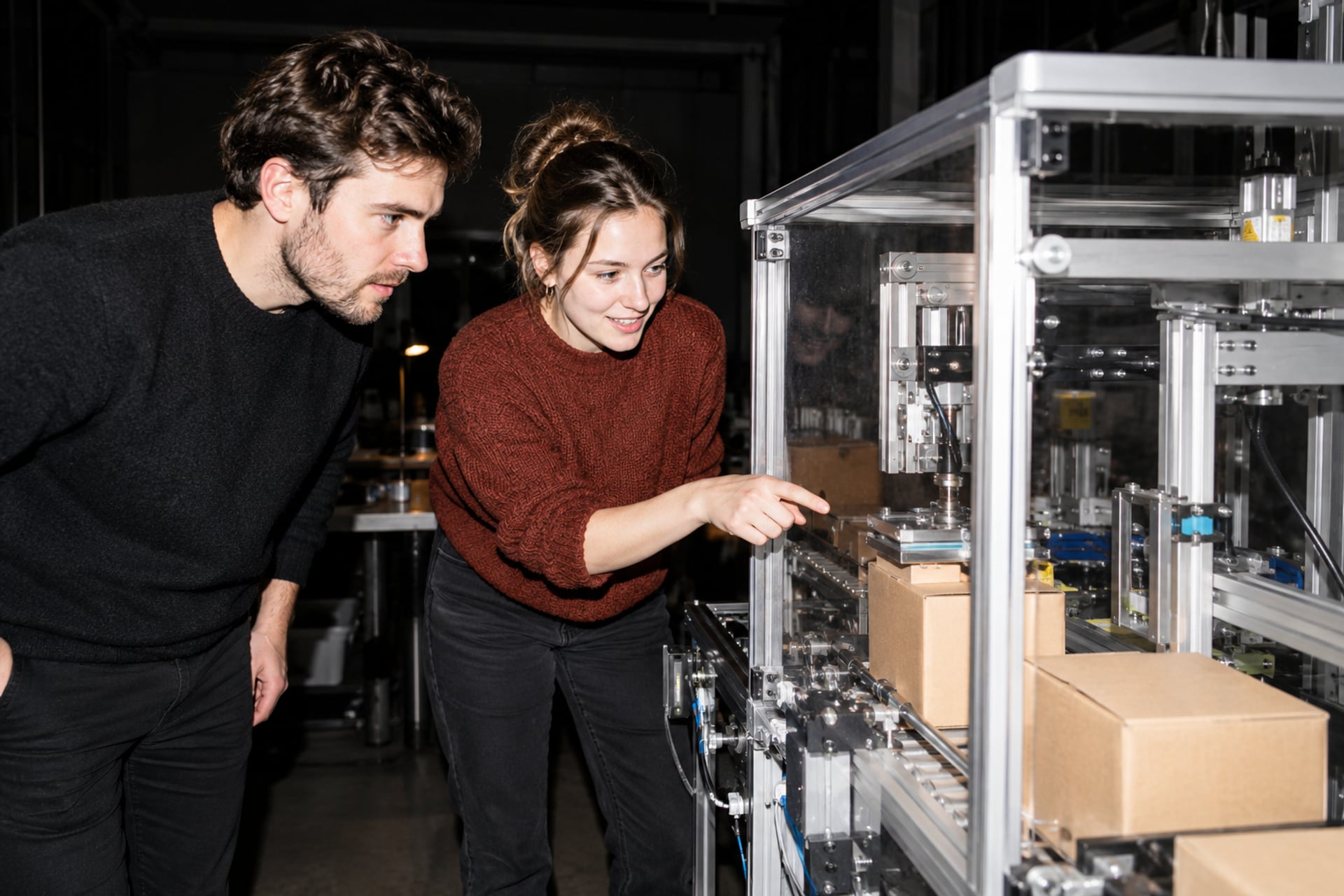 Two engineers watch a guarded packing mechanism in a Berlin workshop after dark.